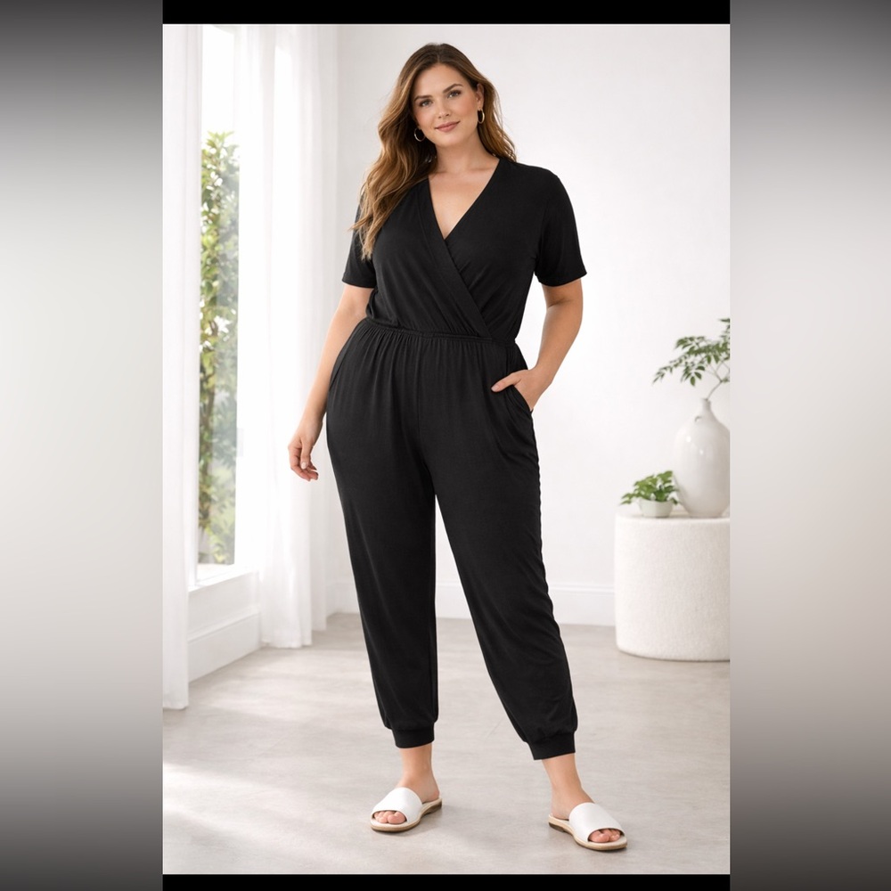 Beyond Yoga All Wrapped Up Black Women's Jogger Leg Modal Jumpsuit - Picture 11 of 11